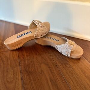 Ganni x Dr. Scholl's Wooden Clog Sandals Size 7 Natural Pink Floral Retro 60s